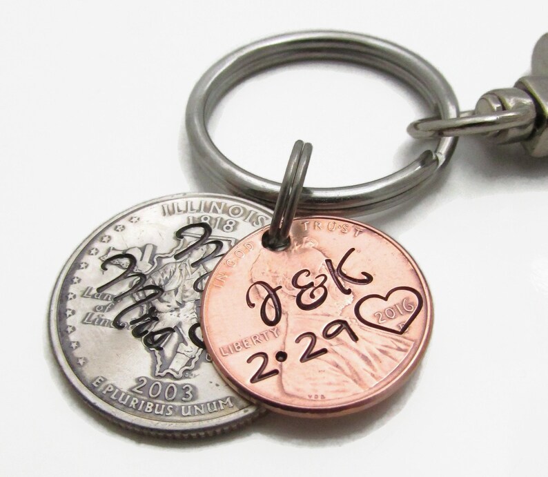 Personalized Couples KeyChain Set Hand Stamped Lucky Penny with State Quarter Keychain Set Custom Wedding Gift Mr /& Mrs Keychain set of 2