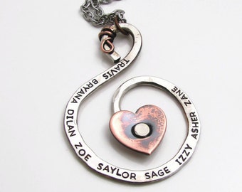 Personalized Necklace - Hand Stamped Jewelry - Sterling Silver and Copper Personalized Mom Necklace Heart Necklace - Family Necklace (104)