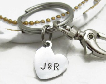 Hand Stamped Initial Heart Keychain, Personalized Couples Gift