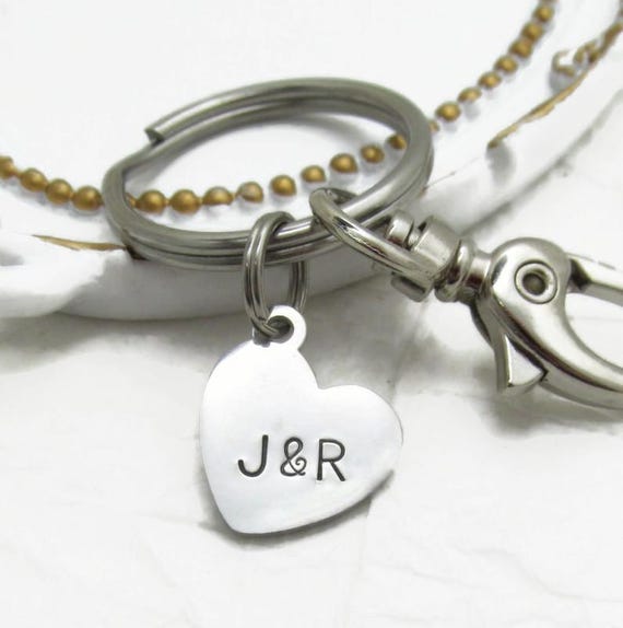 Custom Couples Keychain, Hand Stamped Initial Heart Keychain