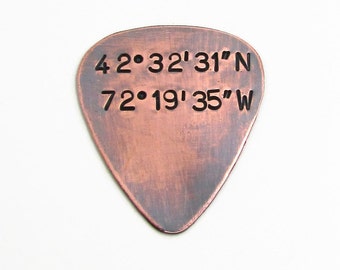 Personalized Longitude Latitude Guitar Pick - Mens Personalized Gift - Hand Stamped Copper Guitar Pick - Mens Coordinates engraved