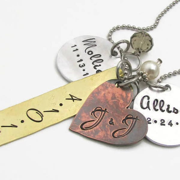 Hand Stamped Personalized Necklace, Mixed Metal Mom Necklace, Stamped Metal Jewelry, Personalized Mom Gift
