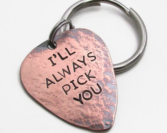 Mens Personalized Guitar Pick KeyChain, Engraved Mens Gift, Valentines Day Gift for him, Personalized Copper Pick, Two Sided Pick KeyChain