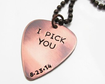 I Pick You Personalized Guitar Pick Necklace, Copper Groom Wedding Present, Boyfriend Gift, Gift for Husband, Hand Stamped Jewelry