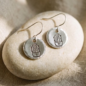 Cactus Earrings, Hand Stamped Jewelry, Sterling Silver and Aluminum, Hand Stamped Jewelry, Small Dangle Earrings, Light Weight, Drop Earring