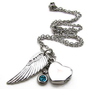 Cremation Memorial Necklace, Stainless Steel Cremation Jewelry, Angel Wing and Heart Urn Necklace, Birthstone Urn, Remembrance Necklace