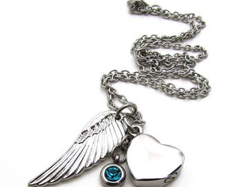 Stainless Steel Cremation Necklace: Angel Wing, Heart Urn & Birthstone