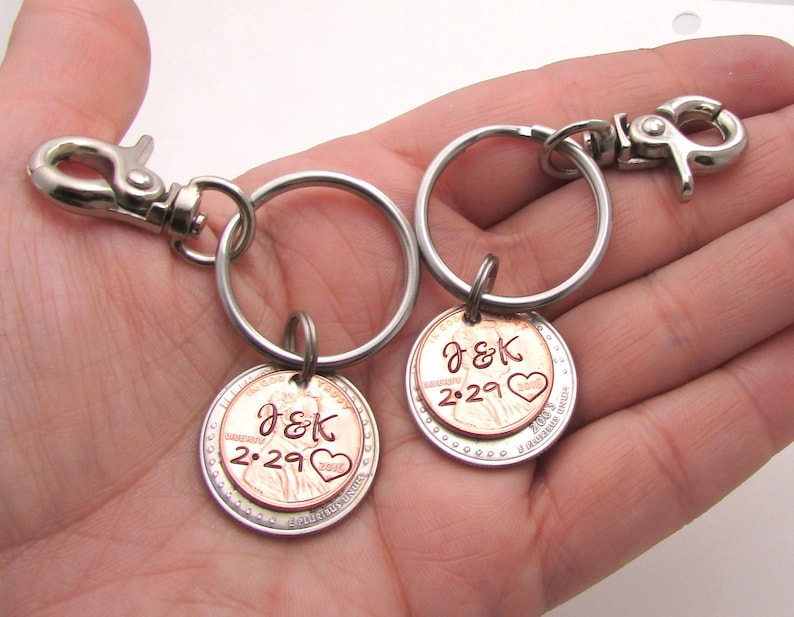 Personalized Couples KeyChain Set Hand Stamped Lucky Penny with State Quarter Keychain Set Custom Wedding Gift Mr /& Mrs Keychain set of 2