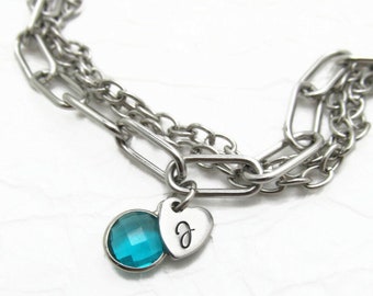 Initial Charm Bracelet with Birthstone - Personalized Bracelet - Hand Stamped Jewelry - Personalized Mom Jewelry Gift for her