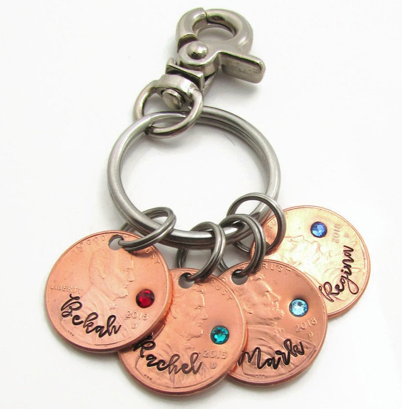 Personalized Mom Keychain With Pennies Hand Stamped Keychain Etsy