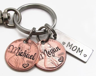 Personalized Keychain, Lucky Penny Keychain, Customized Mom Keychain, Personalized Grandpa Grandma Keychain, Personalized Family Pennies