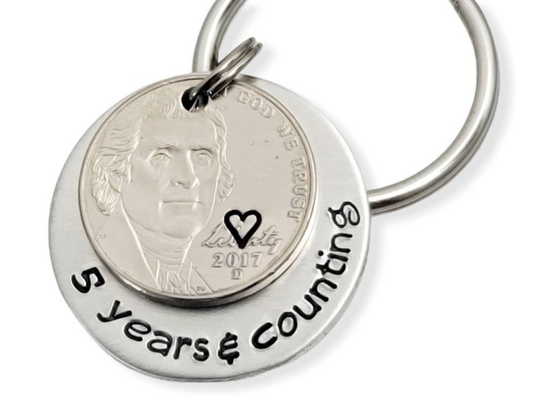 5 Years & Counting Personalized KeyChain Hand Stamped KeyChain Personalized Anniversary Gift 5 Year Anniversary Gift for Men image 1