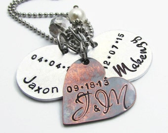 Hand Stamped Personalized Necklace, Mixed Metal Name Necklace, Personalized Mom Gift, Custom Mothers Necklace