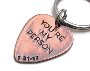 You're My Person Gift, Personalized Guitar Pick KeyChain, Personalized Copper Hand Stamped Guitar Pick, Valentine Gift for Him, Best Friend