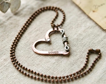 Hand Stamped Copper Heart Necklace, Personalized Affirmation Jewelry, Rustic Mixed Metal Pendant