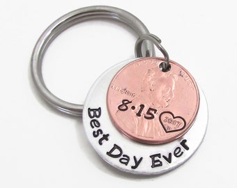 Personalized Couples Anniversary Keychain, Best Day Ever Personalized KeyChain, Custom Penny KeyChain, Couples Gift For Him