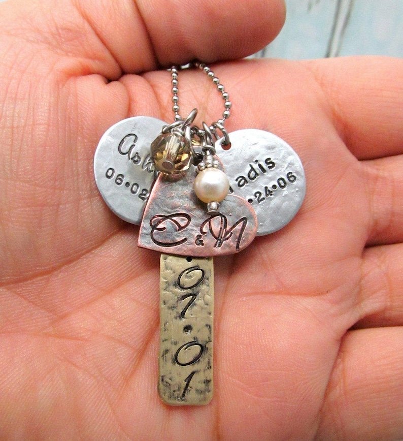 Hand Stamped Personalized Necklace Mixed Metal Mom Necklace Etsy