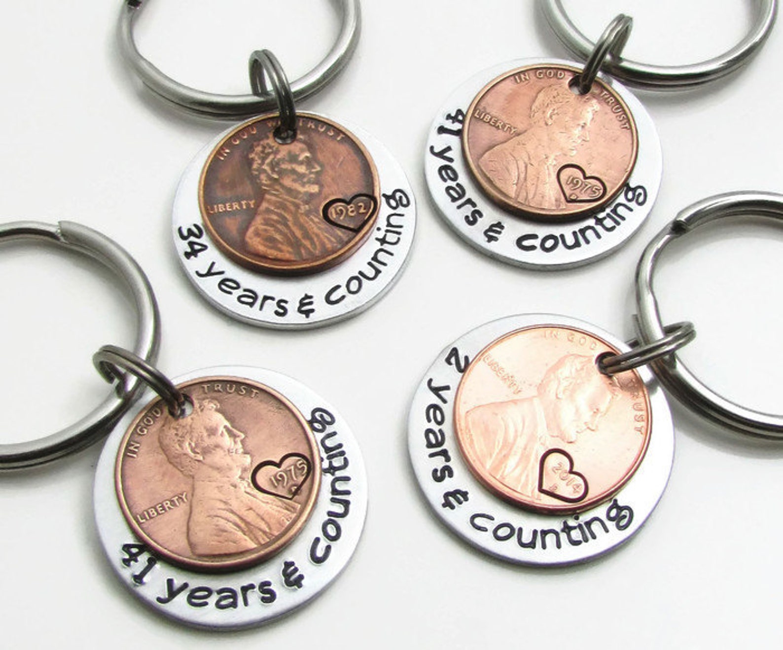 Personalized Couples Penny Hand Stamped Keychain With The Number Of Years