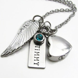 Personalized Cremation Jewelry - Cremation Necklace - Personalized Necklace, Memorial Urn Necklace, Birthstone Angel Wing Heart Urn Necklace