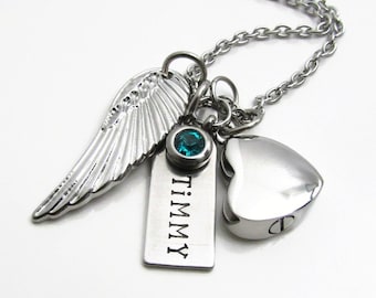 Collar de cremación personalizado de acero inoxidable: ala de ángel, piedra de nacimiento y urna.