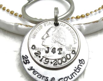 Personalized 25th Anniversary Quarter Keychain: Hand-Stamped Silver Keepsake, Anniversary Customized Gift