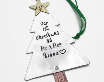 Our 1st Christmas as Mr and Mrs Personalized Xmas Ornament for Couples, Hand Stamped Personalized Christmas Ornament