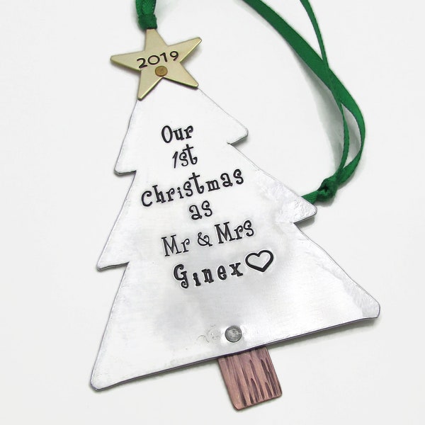 Our 1st Christmas as Mr and Mrs Personalized Xmas Ornament for Couples, Hand Stamped Personalized Christmas Ornament