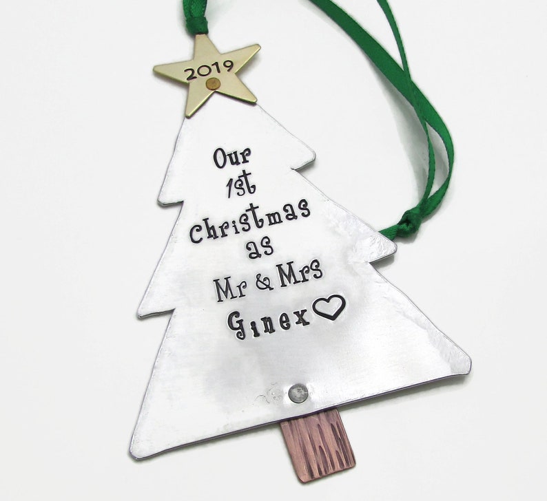 Our 1st Christmas as Mr and Mrs Personalized Xmas Ornament for Couples, Hand Stamped Personalized Christmas Ornament image 1