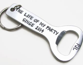 Personalized Bottle Opener Keychain, Custom Anniversary Gift For Him, Valentine's Day Men's Keychain, Hand Stamped Keychain