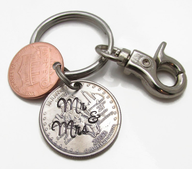 Personalized Couples KeyChain Set Hand Stamped Lucky Penny with State Quarter Keychain Set Custom Wedding Gift Mr /& Mrs Keychain set of 2