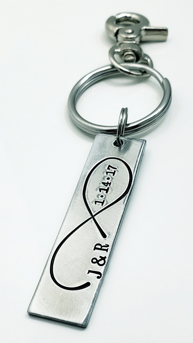 Personalized Anniversary Keychain, Infinity Keychain Hand Stamped Wedding Gift, Personalized Keychain, Couples Keychain with Initials & Date image 5