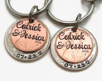 Personalized Penny Keychain Set – Hand Stamped State Quarter, Couples Gift