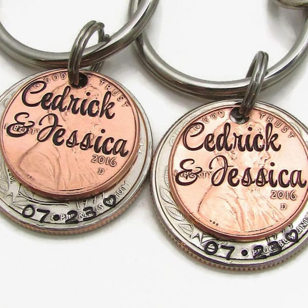 Personalized Couples KeyChain Set - Hand Stamped KeyChain Lucky Penny State Coin - Hand Stamped Penny Personalized Wedding Gift Anniversary