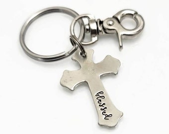 Personalized Keychain, Custom Hand Stamped Christian Keychain, Blessed Christian Gift