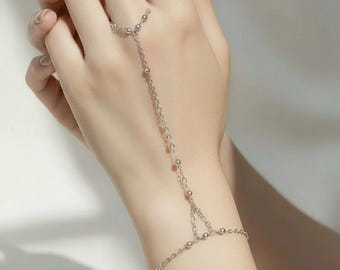 Beaded Stainless Steel Hand Chain Bracelet, Adjustable Ring