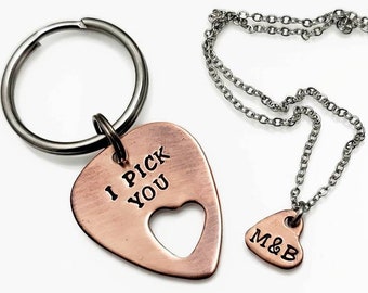 Personalized Guitar Pick Keychain and Necklace Set For Couples, Matching Couples Set, I Pick You Hand Stamped 7th Anniversary Gift