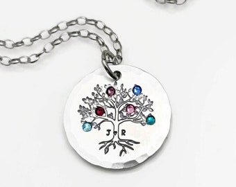 Family Tree Necklace with Birthstone, Hand Stamped Mother's Necklace, Personalized Birthstone Sterling Silver Grandmother's Necklace