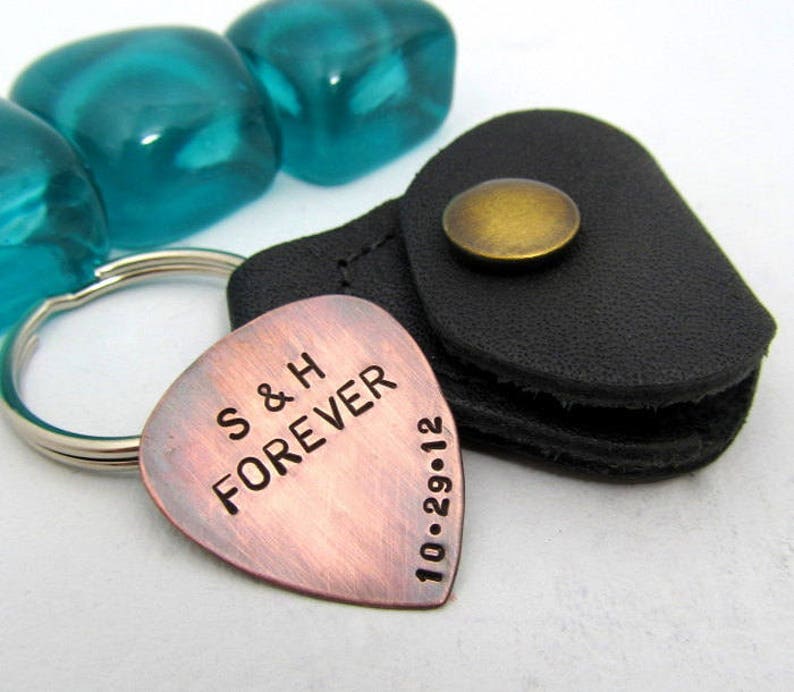 Custom Guitar Pick with Leather KeyChain Holder Personalized Guitar Pick Copper Pick Hand Stamped Mens Gift Custom valentines gift image 2