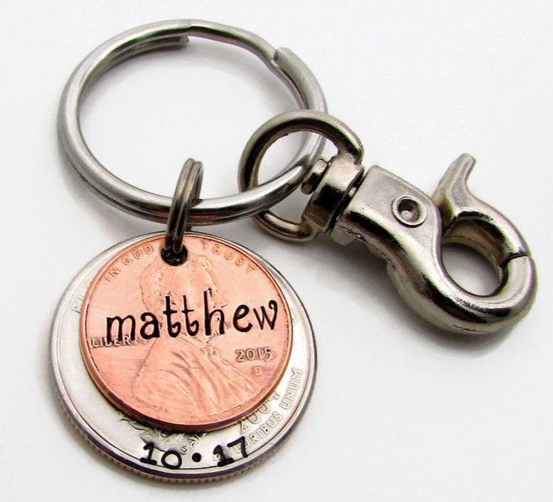 Personalized KeyChain Hand Stamped KeyChain Lucky Penny State Coin Stamped Lucky Penny Key Chain Personalized Penny with State Quarter image 1