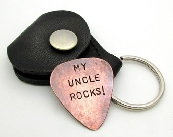 Personalized Guitar Pick with Leather KeyChain Holder - 2 Sided Custom Copper Hand Stamped Guitar Pick Mens Gift - Custom gift for him