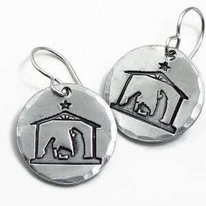 Nativity Earrings, Hand Stamped Jewelry, Sterling Silver & Aluminum, Christmas Jewelry, Christmas Earrings, Light Weight Christian Jewelry