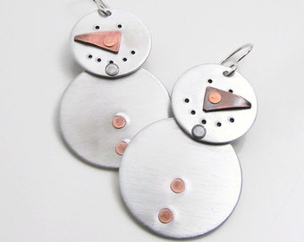 Snowman Earrings - Hand Stamped Jewelry - Sterling Silver and Aluminum - Christmas Jewelry - Mixed Metal Earrings Riveted