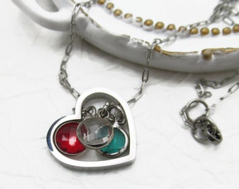 Silver Heart Birthstone Necklace | Family Pendant | Personalized Mom Jewelry