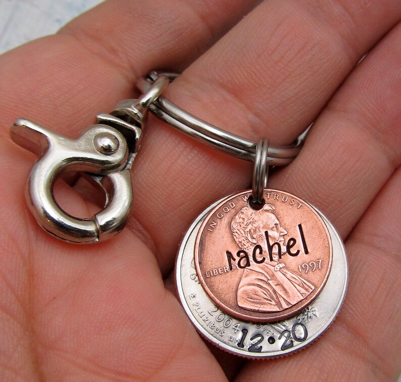 Personalized KeyChain Hand Stamped KeyChain Lucky Penny State Coin Stamped Lucky Penny Key Chain Personalized Penny with State Quarter image 3