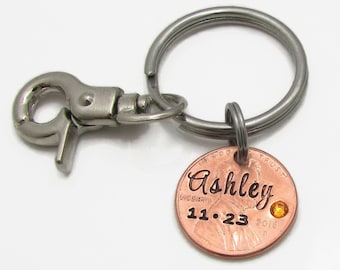 Personalized Birthstone Penny Keychain with name and birthdate, Engraved Mothers Day Gift, Personalized Keychain,