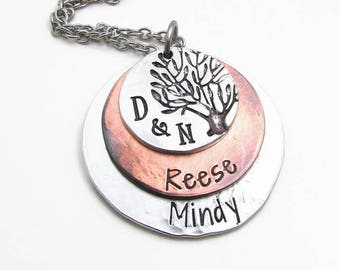 Personalized Family Tree Necklace, Hand Stamped Mixed Metal Tree of Life Mom Necklace, Personalized xmas gift,  Personalized Mother Necklace