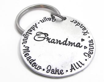 Personalized Hand Stamped Keychain for Grandma – Custom Names Jewelry