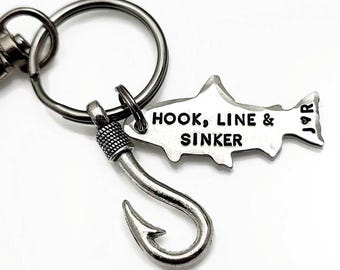 Hand Stamped Pewter Fishing Keychain, Personalized Anniversary Gift