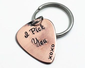 I Pick You Personalized Keychain, Valentine Guitar Pick - Anniversary Couples Gift,  Stamped Keychain, Custom Gift for Him