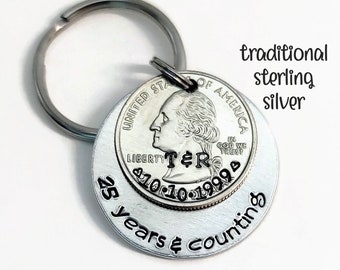 25th Anniversary Traditional Sterling Silver Mens Personalized Keychain, Hand Stamped Anniversary Gift for Men, 25 Years & Counting